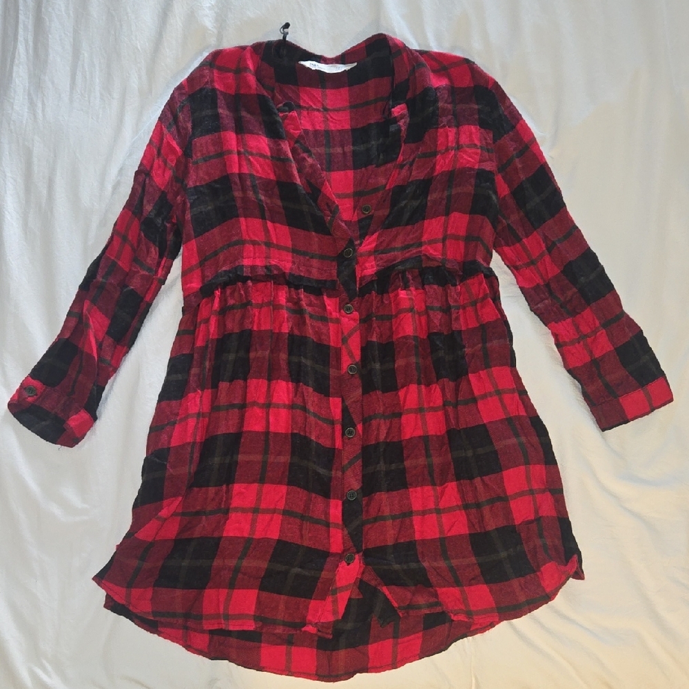 Zara Red and Black Flannel Tunic Dress Size Medium